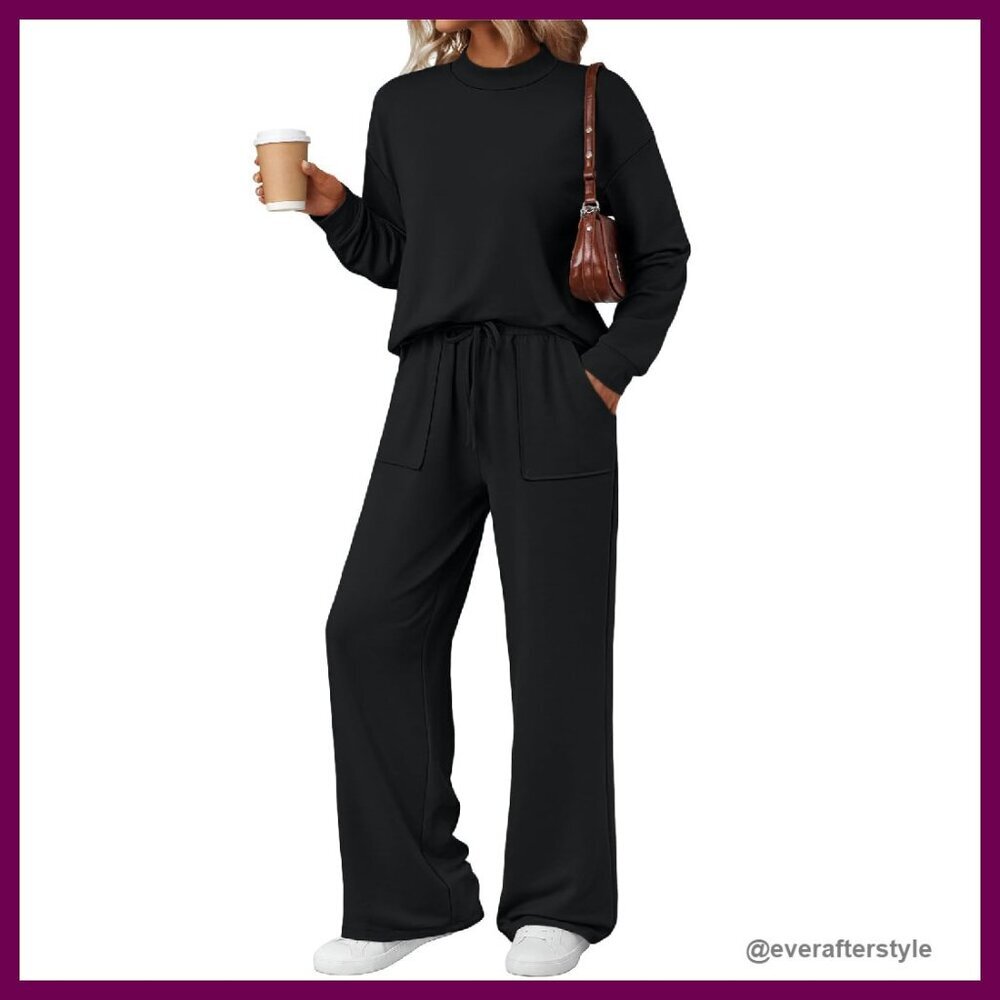 Mock Turtleneck Wide Leg Lounge Set Pockets Soft Chic Two Piece Sweatsuit